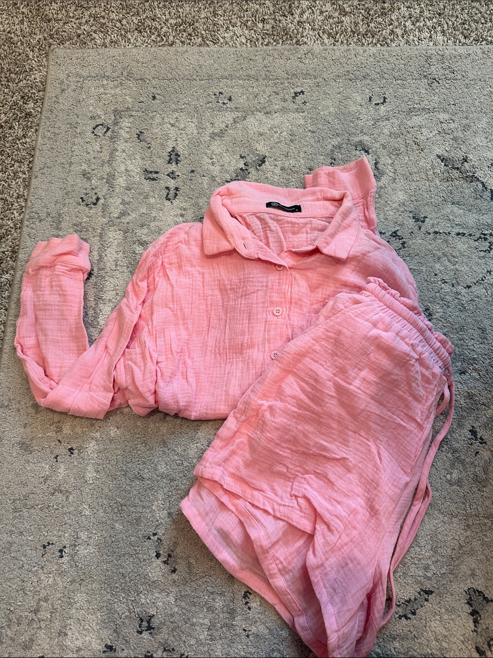 Pink Cotton Gauze Button-Up Top and Shorts Set